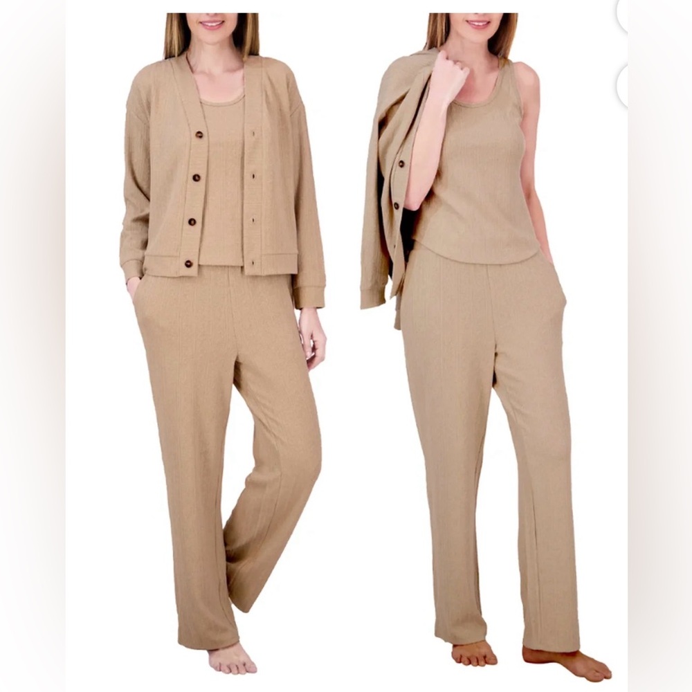 NEW Cozy 3 piece Lounge Set L XL XXL cable knit cardigan tank elastic pant tan
